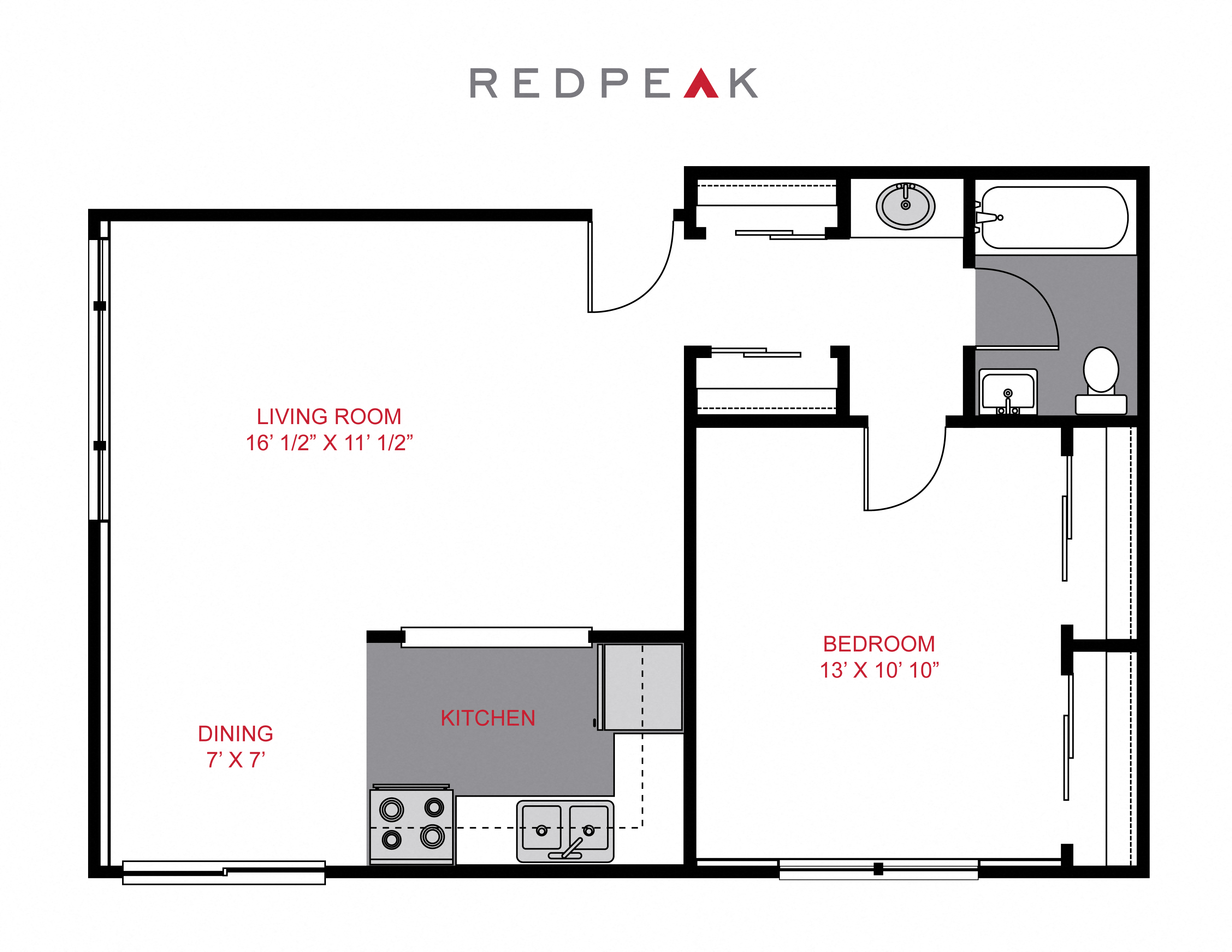 Floor plan for 1 bed, 1 bath, 603 sqft